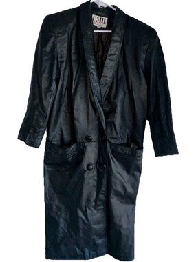 Vtg G-III Black Leather Coat Womens S Trench Double Breasted Long Goth Matrix